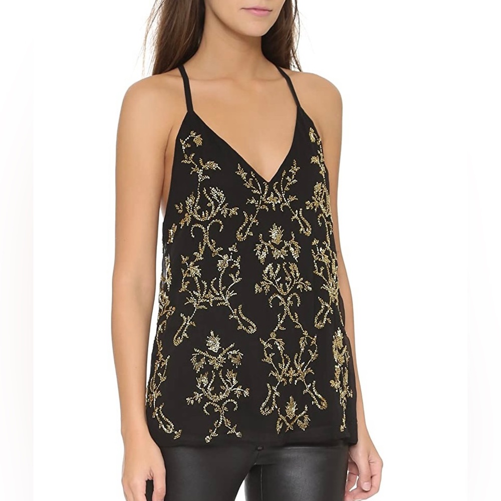 Alice & Olivia black chiffon racerback tank w/ intricate gold beading.